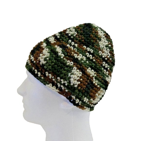 Forest Camo Baggie Beanie Camouflage Hat Handmade Crochet Knit Roll USA Hunt OS - Picture 1 of 7